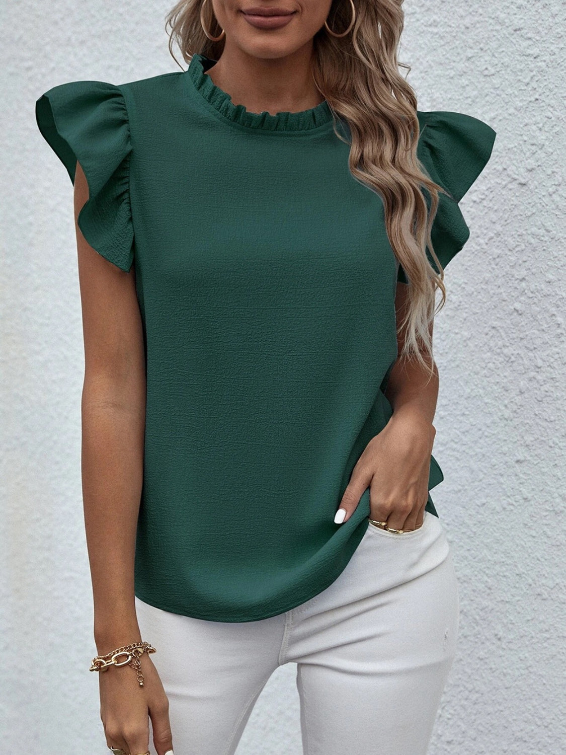 Mock Neck Ruffled Cap Sleeve Blouse nicholesgifts