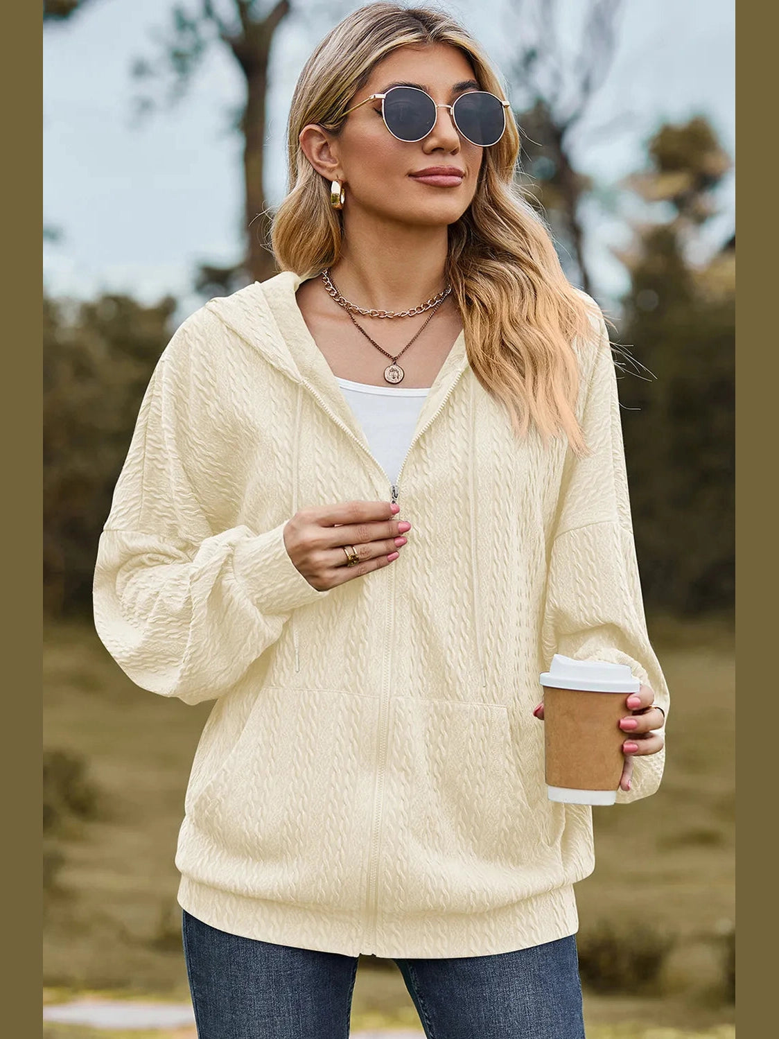 Drawstring Zip Up Dropped Shoulder Hoodie nicholesgifts