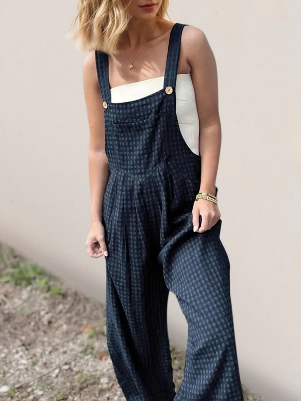 Oh Full Size Plaid Wide Leg Overalls with Pockets Trendsi
