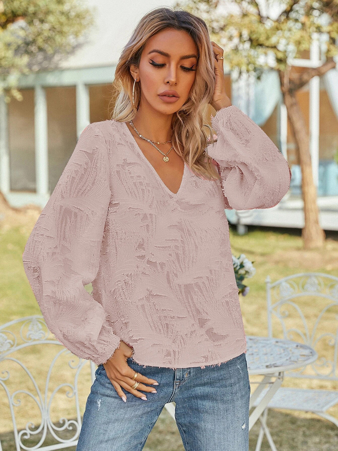 V-Neck Long Sleeve Blouse nicholesgifts