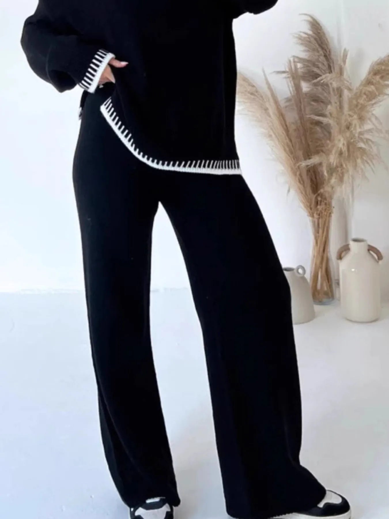 Contrast Trim Round Neck Top and Pants Sweater Set NicholesGifts