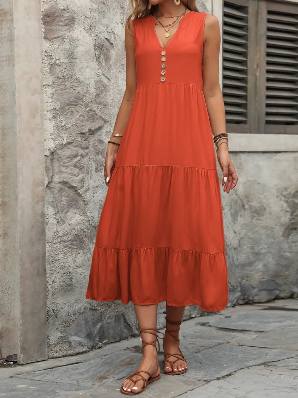 Ivy Lane Decorative Button Notched Sleeveless Dress Trendsi