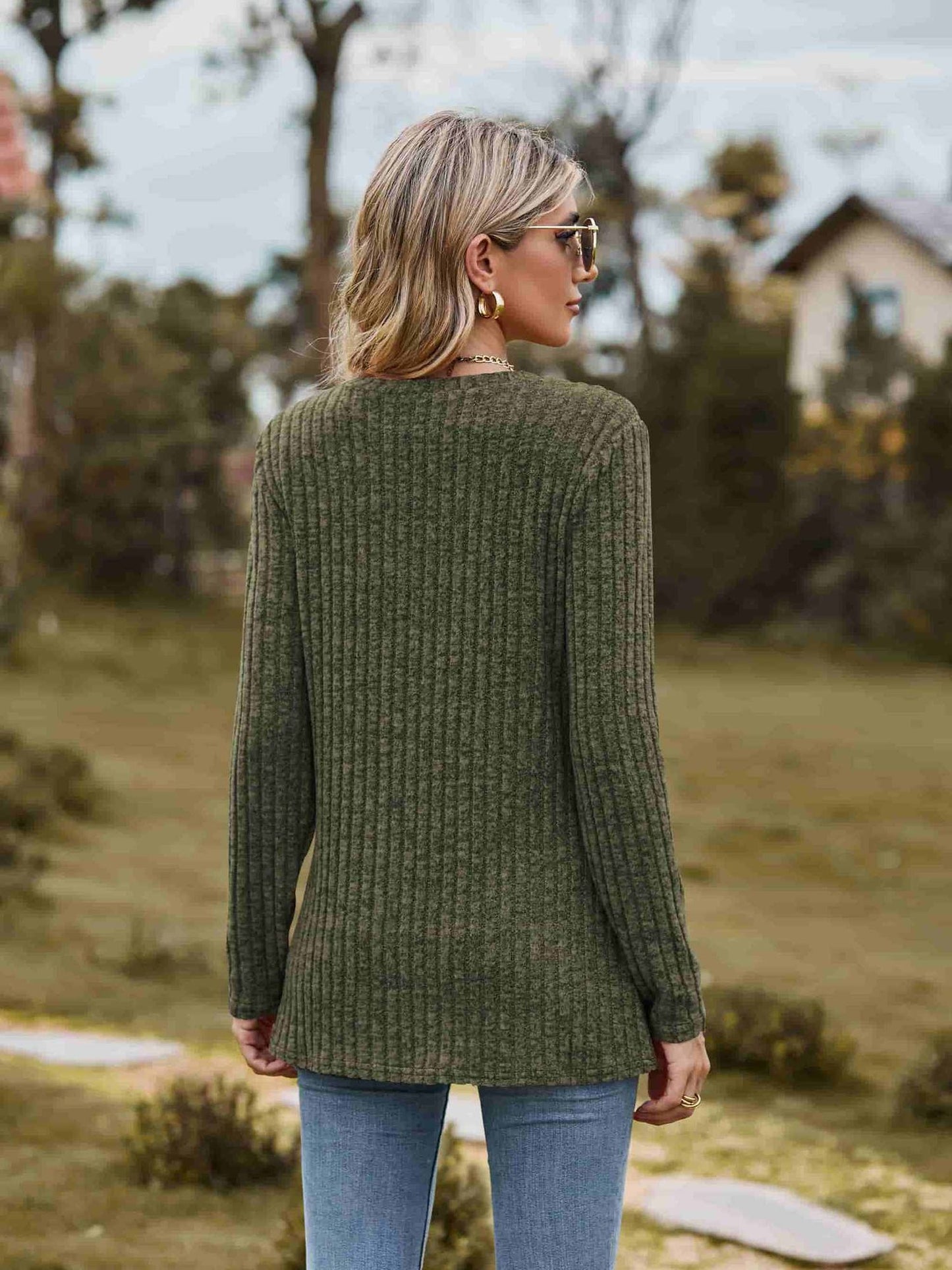 Ribbed Round Neck Long Sleeve Tee NicholesGifts
