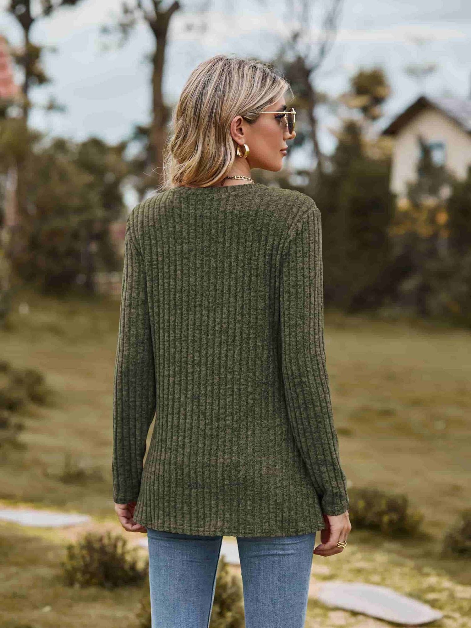 Ribbed Round Neck Long Sleeve Tee NicholesGifts
