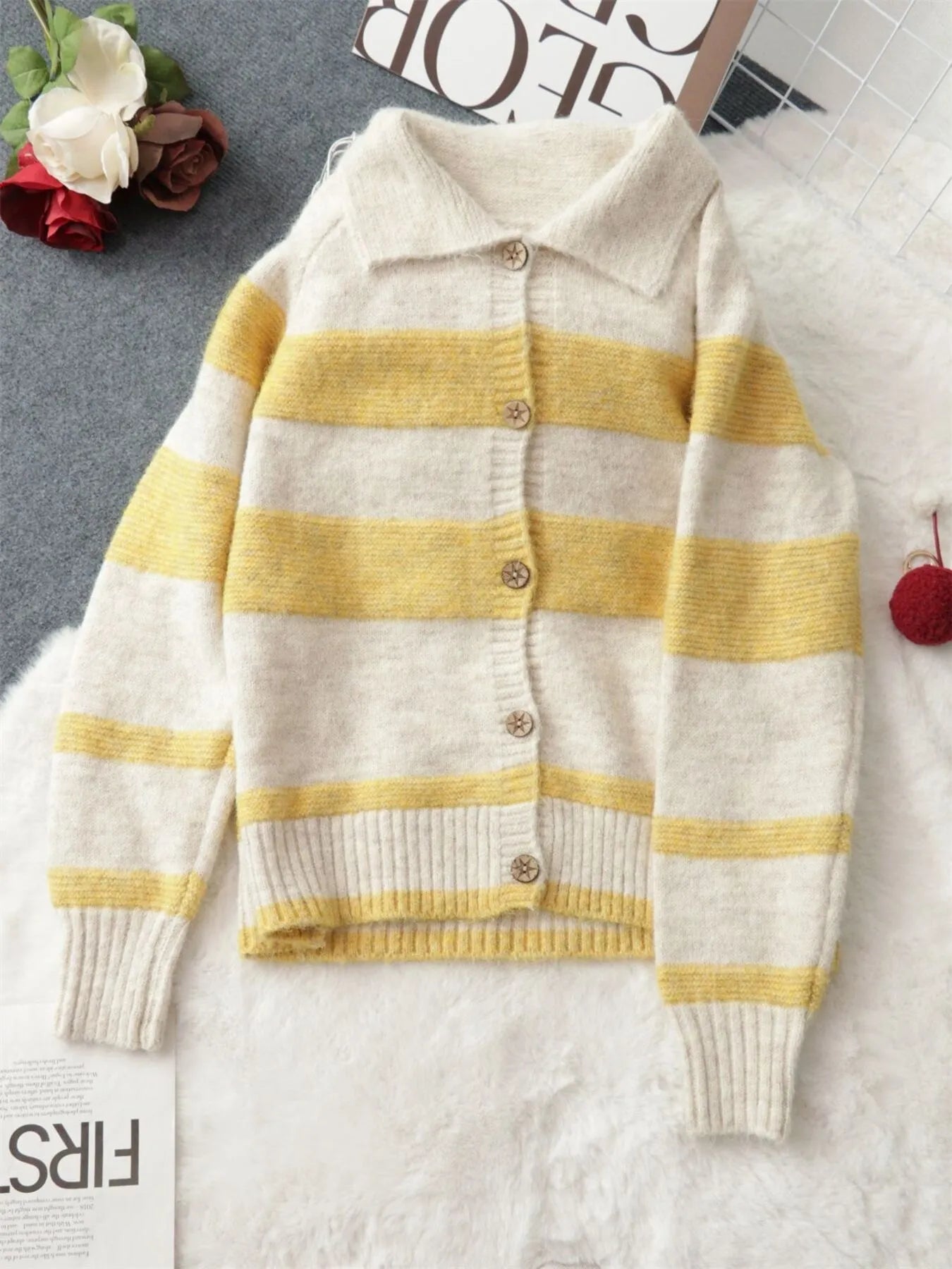 Striped Button-Up Cozy Cardigan