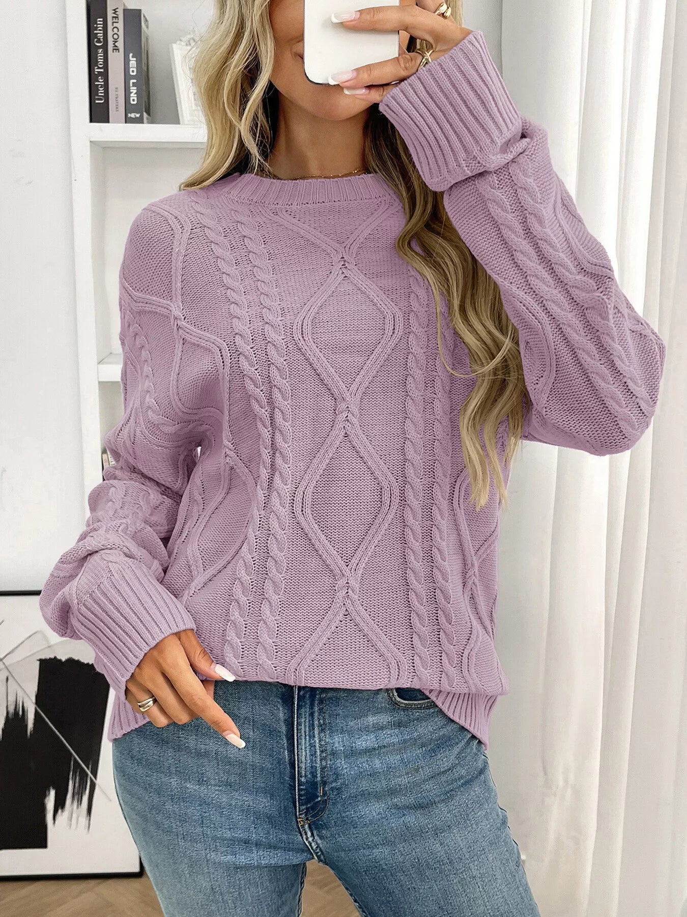 Cable Knit Round Neck Long Sleeve Sweater Trendsi