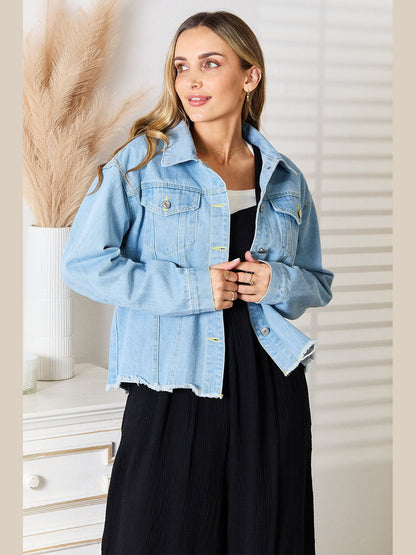 Double Take Dropped Shoulder Raw Hem Denim Jacket nicholesgifts