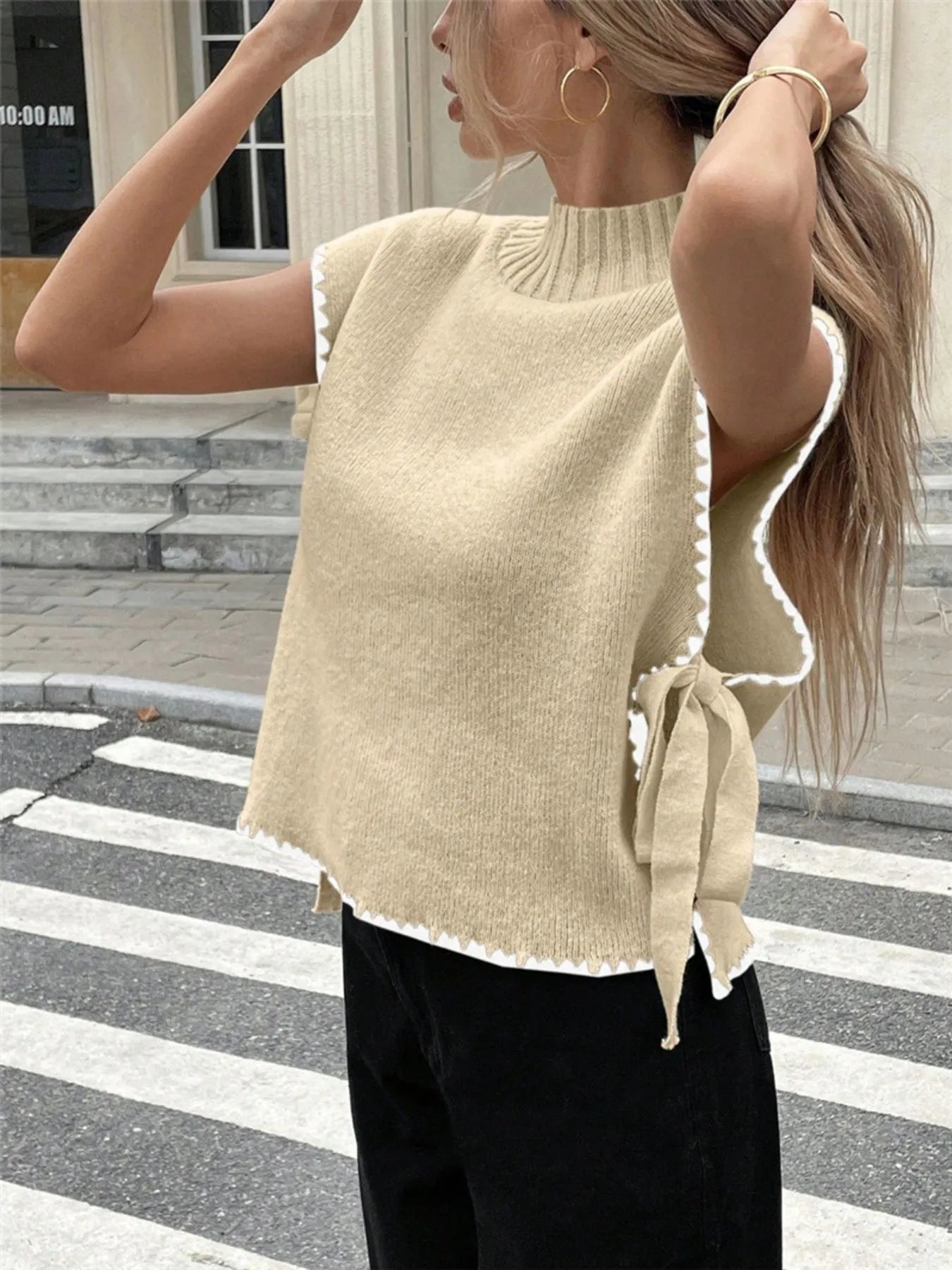 Ribbed Turtleneck Sweater Vest with Contrast Trim Trendsi