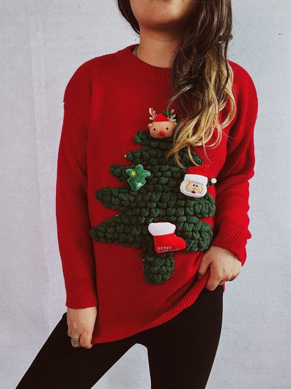 Christmas Tree Round Neck Long Sleeve Sweater nicholesgifts