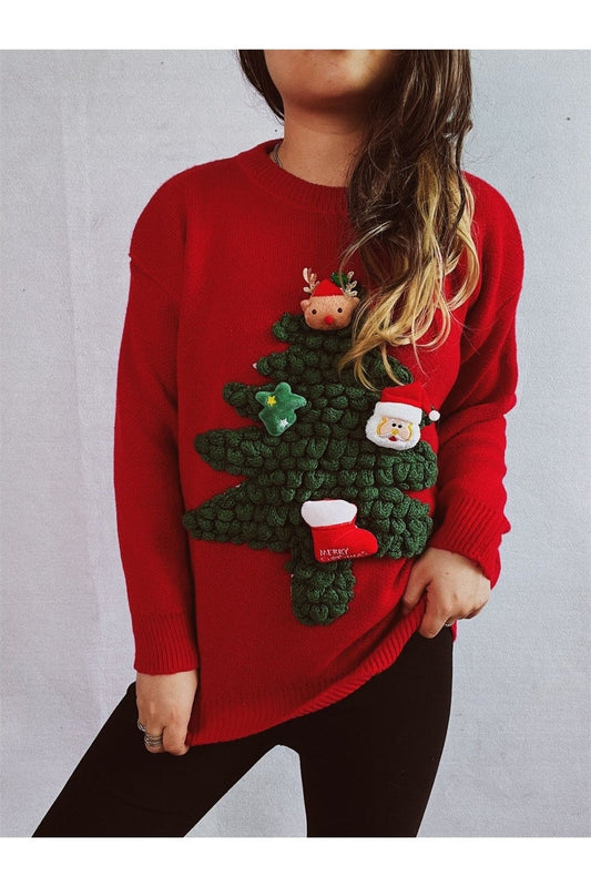 Christmas Tree Round Neck Long Sleeve Sweater NicholesGifts