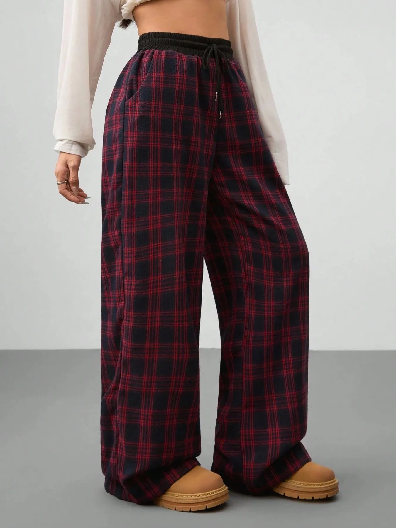 Plaid Wide Leg Pants with Drawstring Waist Trendsi