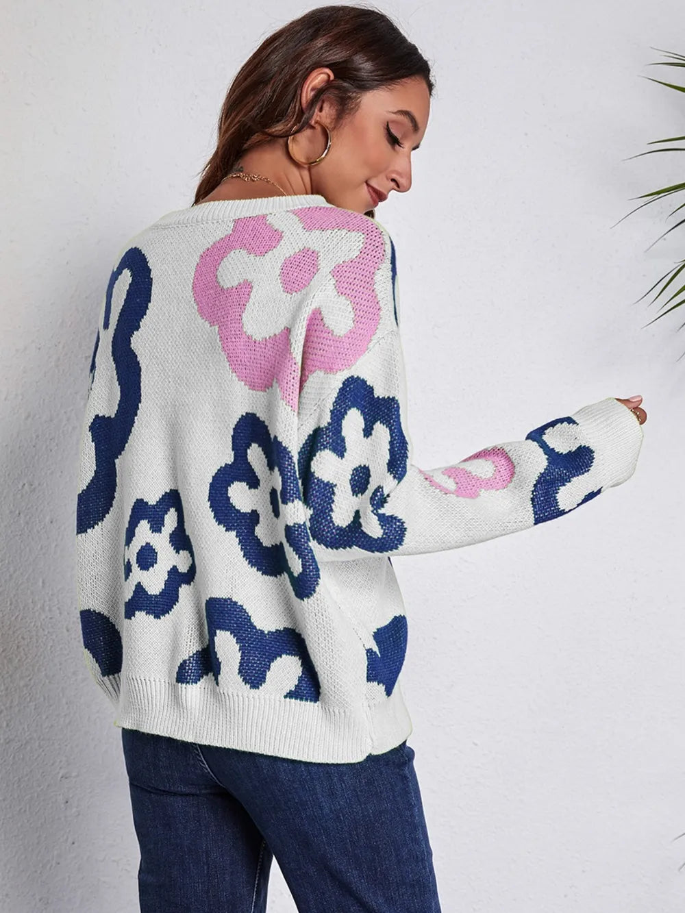 Flower Pattern Round Neck Long Sleeve Sweater Trendsi