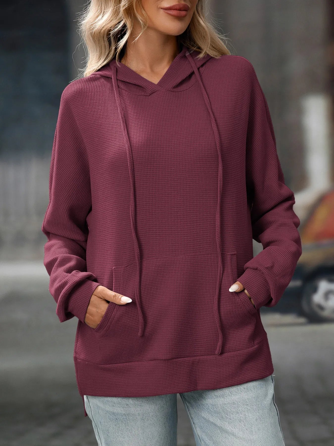 Textured Drawstring Long Sleeve Hoodie