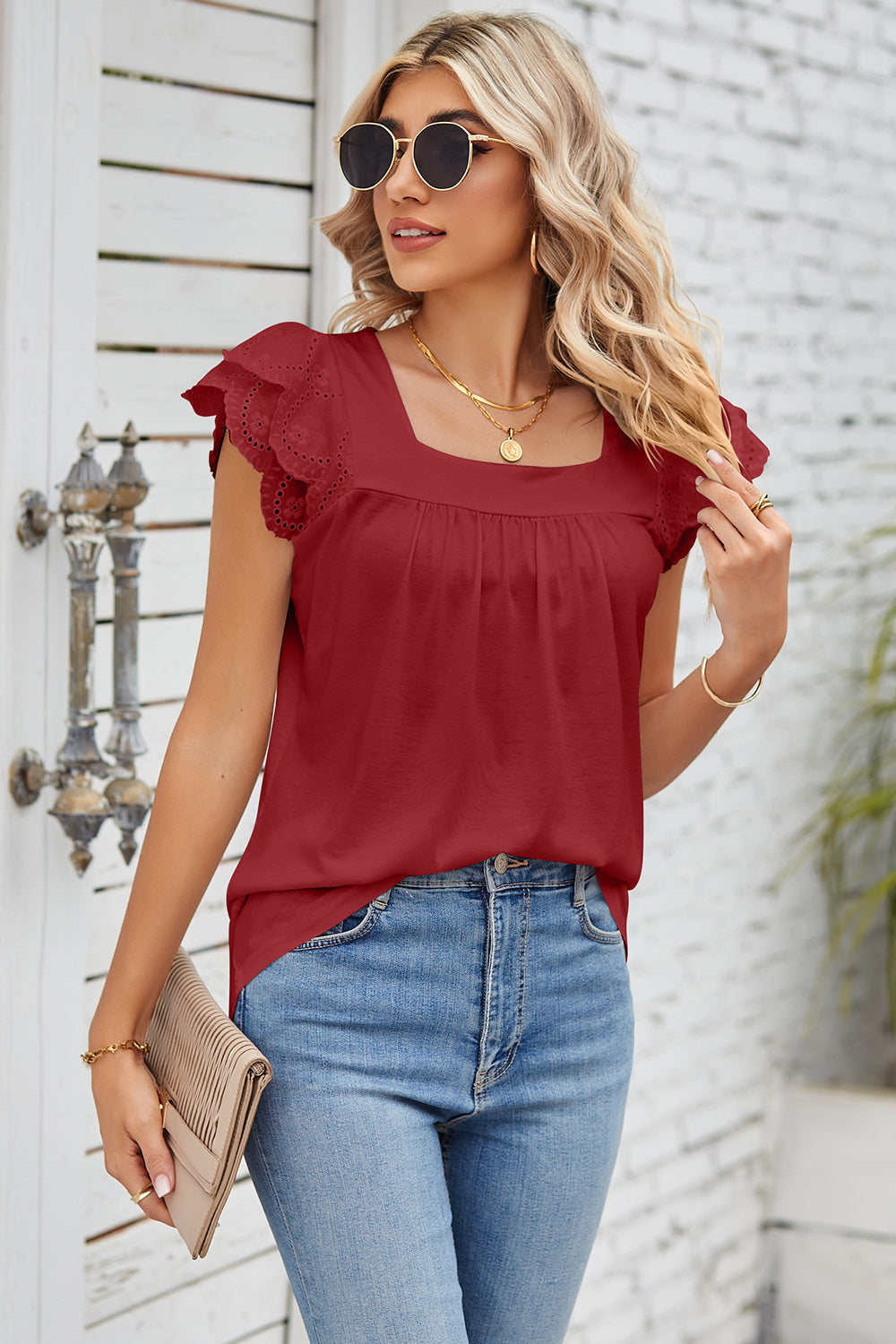 Eyelet Square Neck Cap Sleeve Blouse nicholesgifts