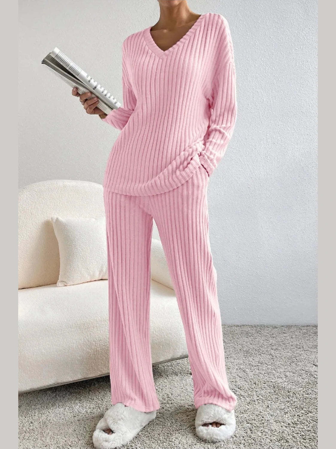Ribbed V-Neck Top and Pants Lounge Set nicholesgifts
