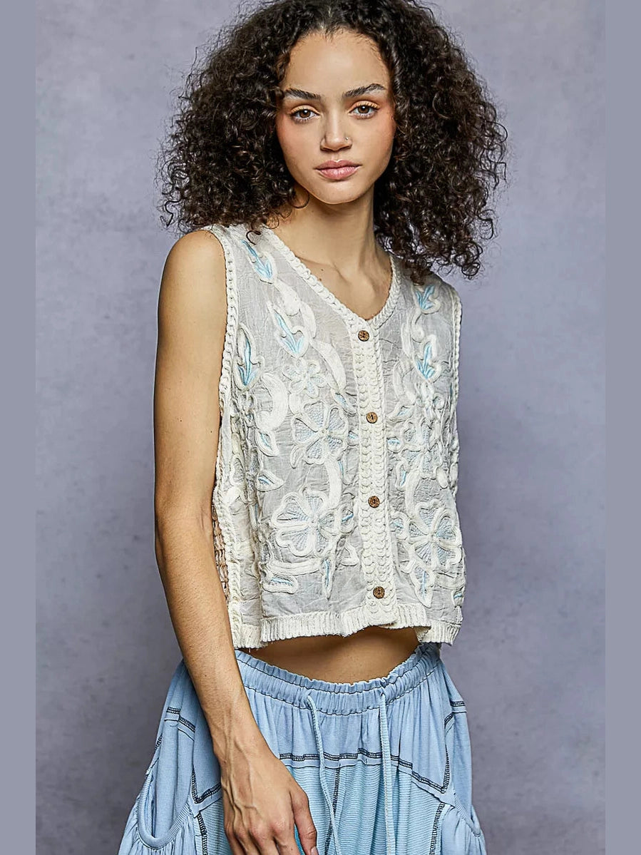 POL Button Down Floral Embroidery Cropped Crochet Vest Top nicholesgifts