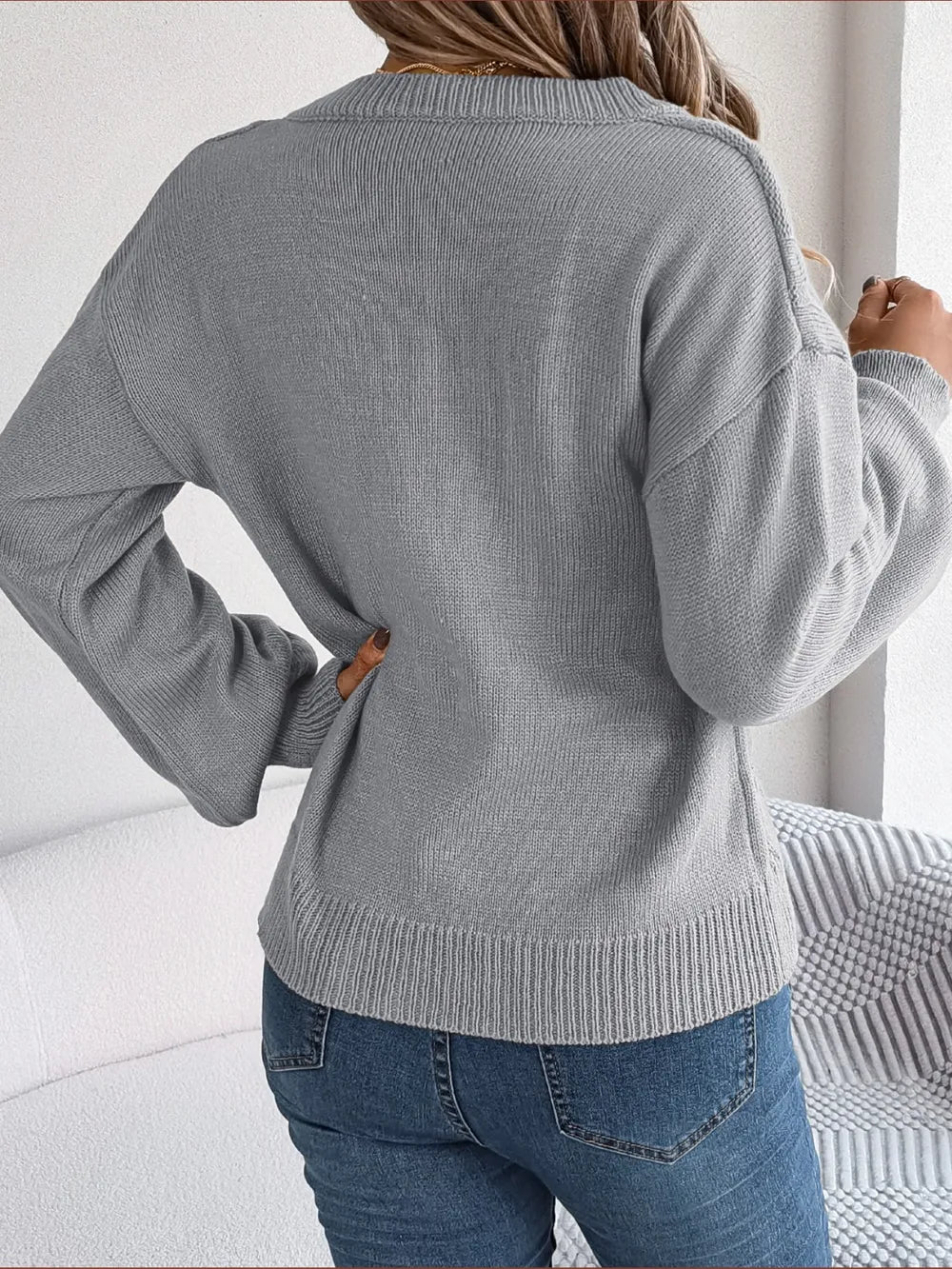 Cable-Knit Buttoned V-Neck Sweater Trendsi