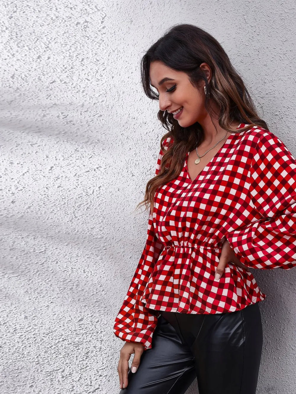 Ruched Printed V-Neck Long Sleeve Blouse nicholesgifts