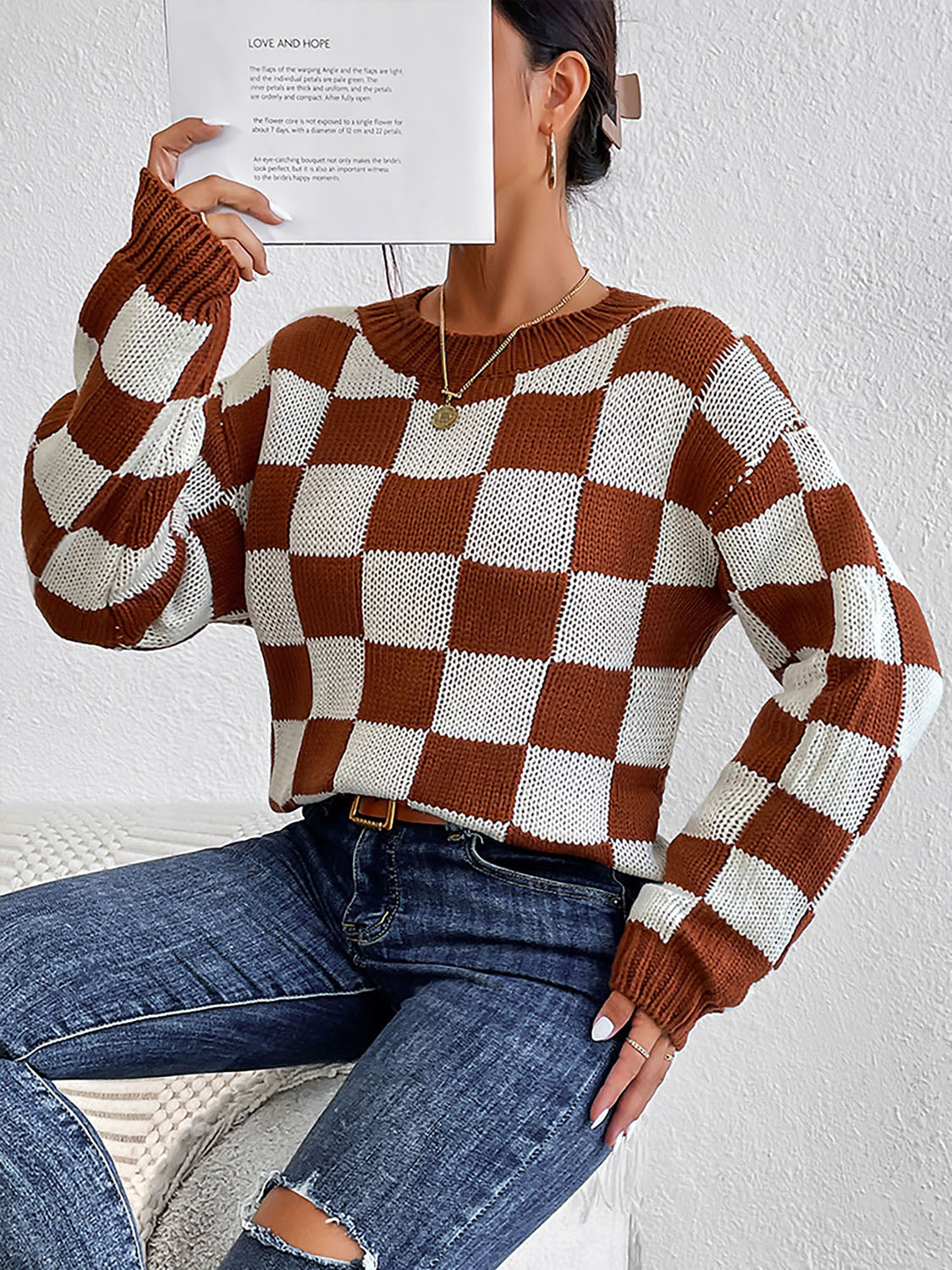 Checkered Round Neck Sweater Trendsi