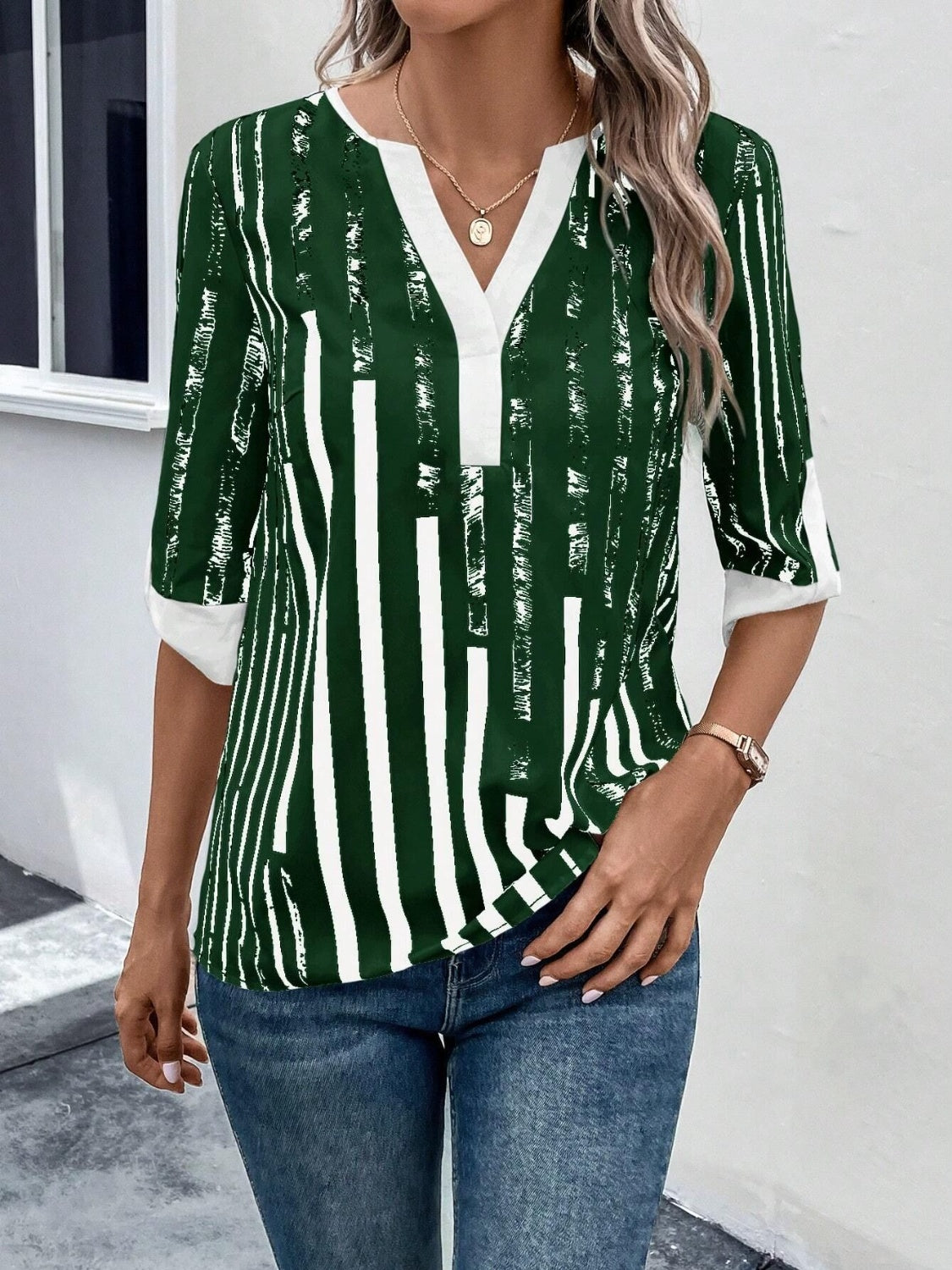 Striped Notched Half Sleeve Blouse nicholesgifts