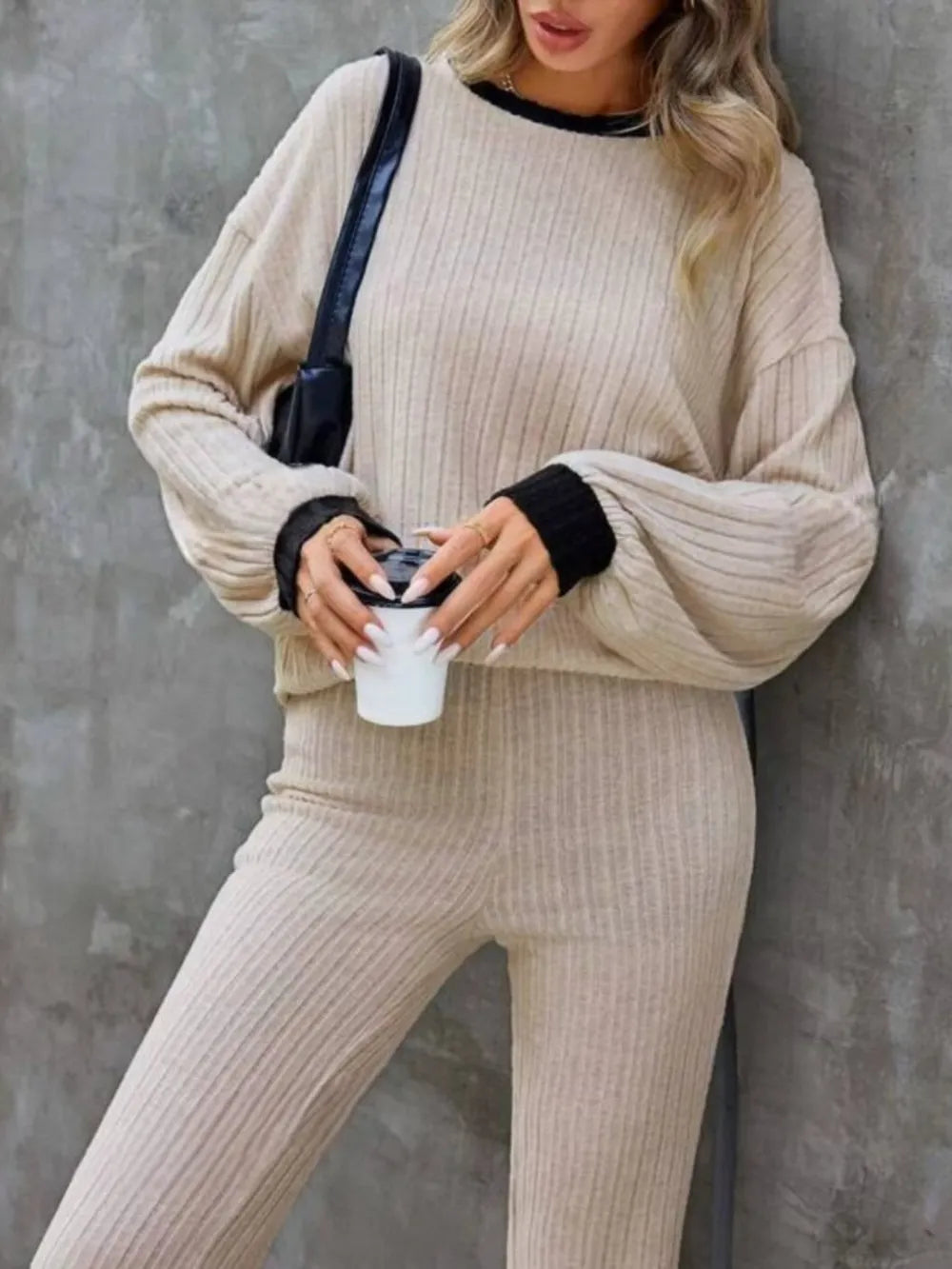 Contrast Round Neck Long Sleeve Top and Bootcut Pants Set nicholesgifts