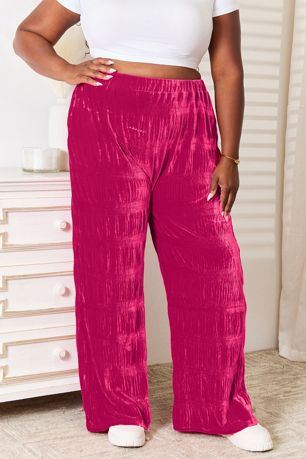 Double Take Full Size High Waist Tiered Shirring Velvet Wide Leg Pants nicholesgifts