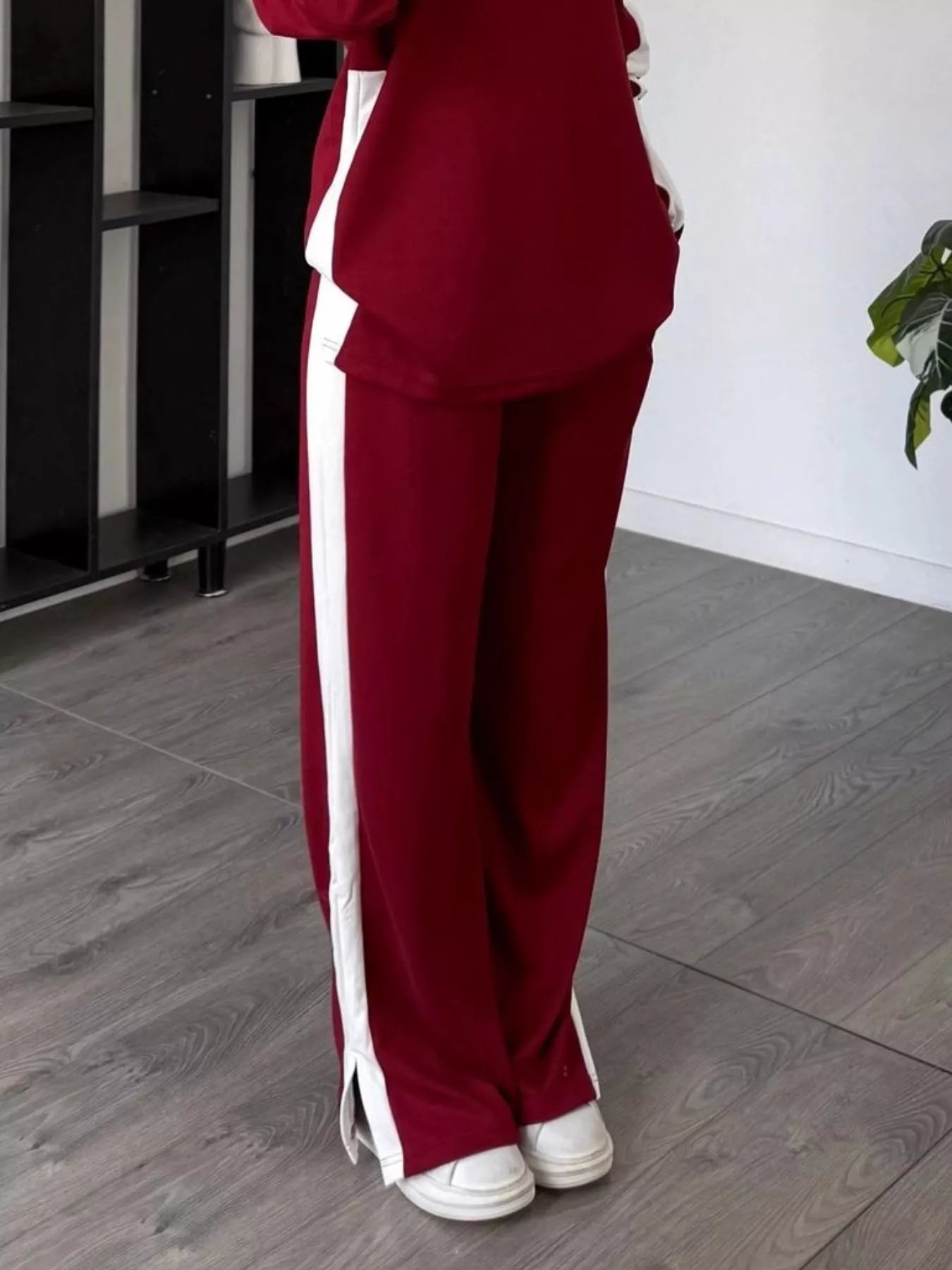 Full Size Contrast Round Neck Top and Pants Set Plus Size nicholesgifts