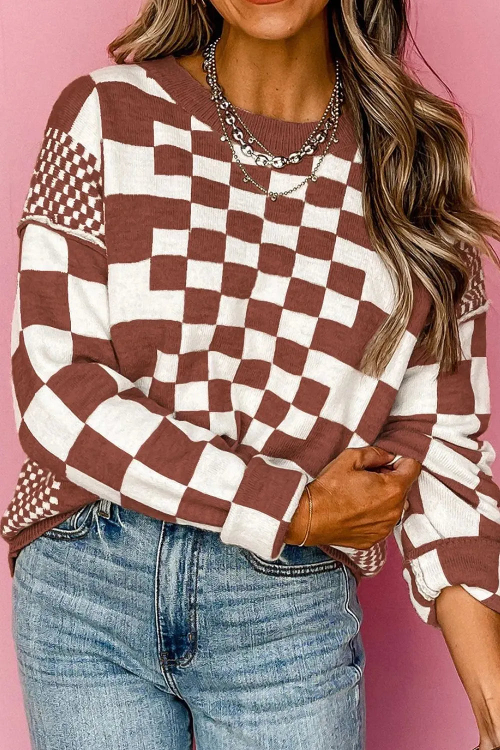 Women Checkered Round Neck Long Sleeve Sweater