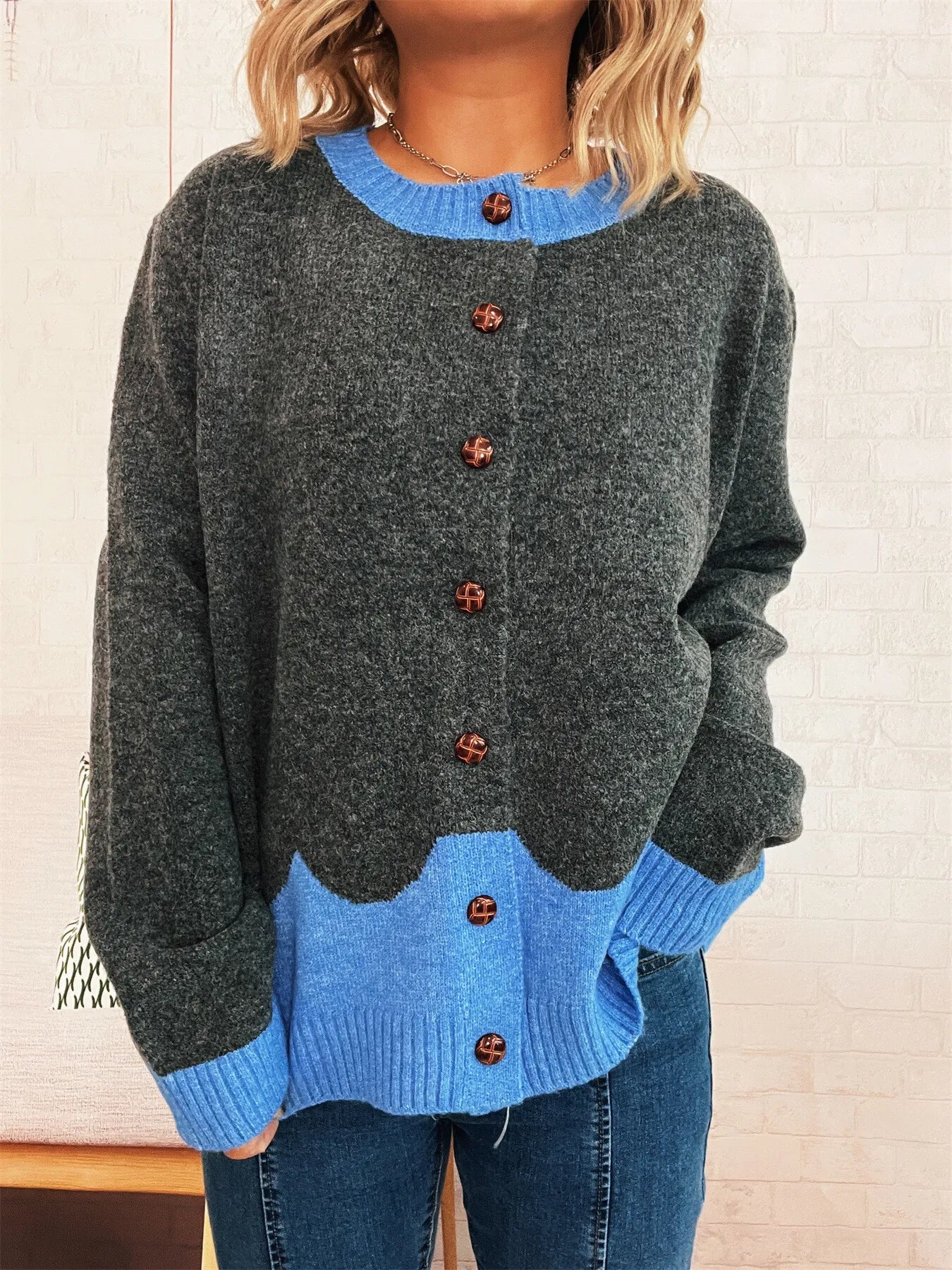 Button-Front Contrast Trim Cardigan