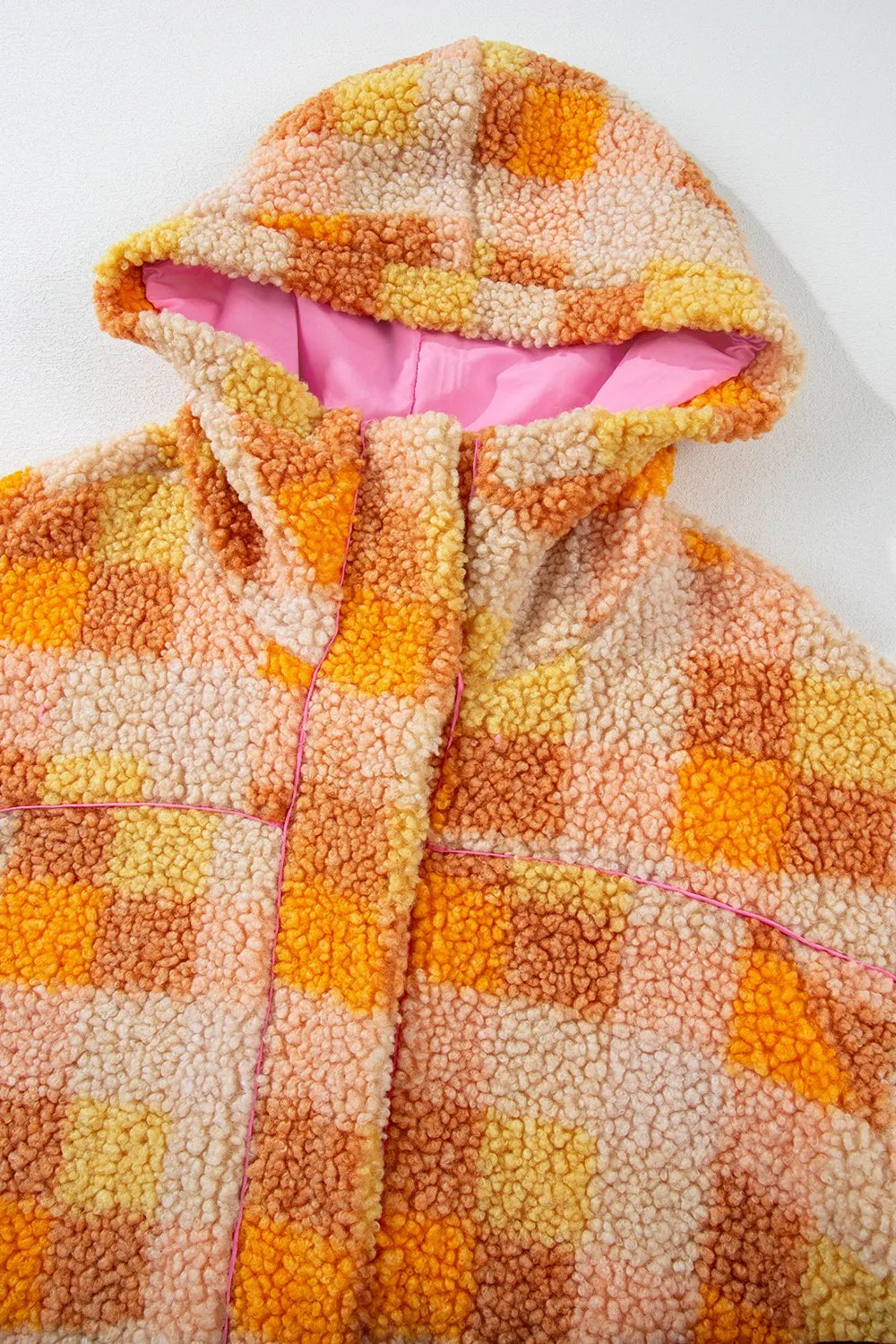 Checkered Long Sleeve Sherpa Hooded Jacket Trendsi