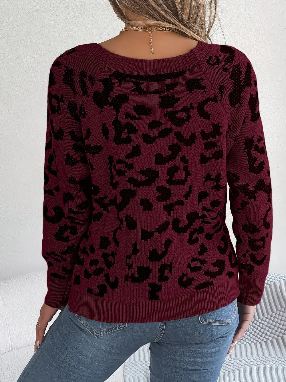 Leopard Buttoned Square Neck Sweater Trendsi