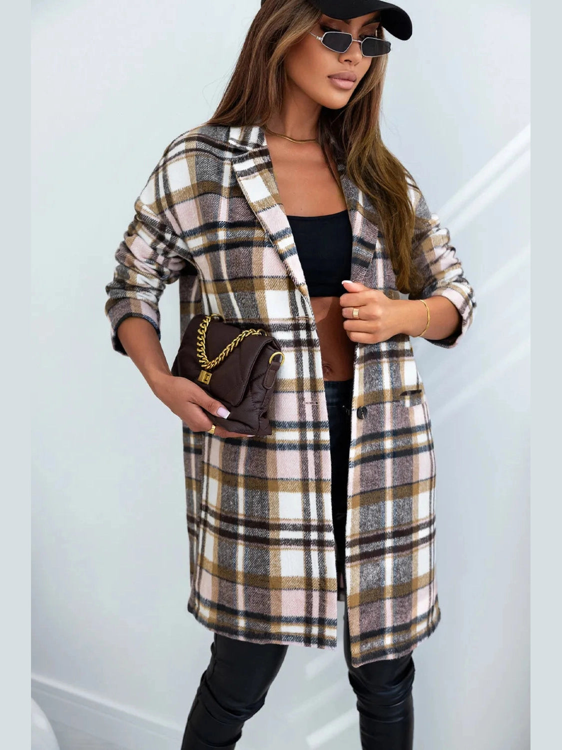 Plaid Longline Jacket with Pockets nicholesgifts