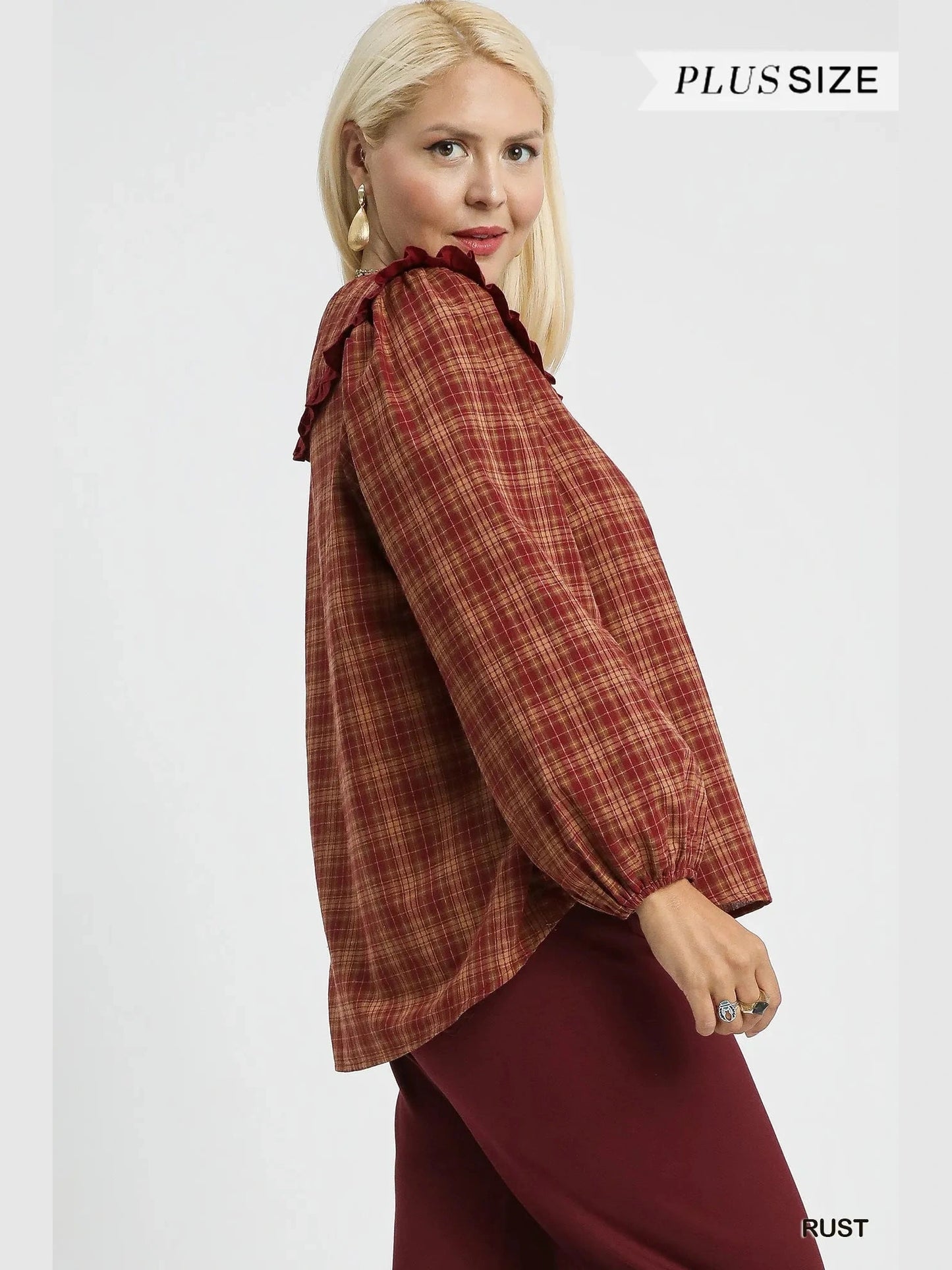 Umgee Full Size Plaid Ruffle Collar Blouse Plus Size NicholesGifts