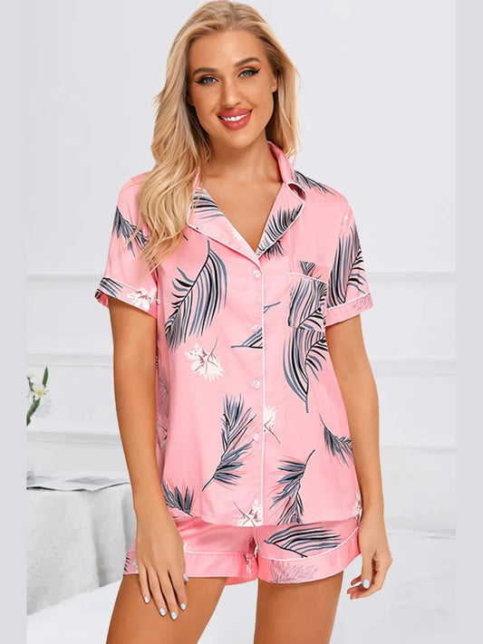 Printed Button Up Short Sleeve Top and Shorts Lounge Set nicholesgifts