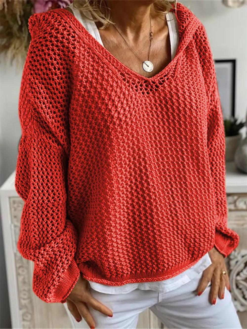 Openwork Hooded Long Sleeve Sweater nicholesgifts