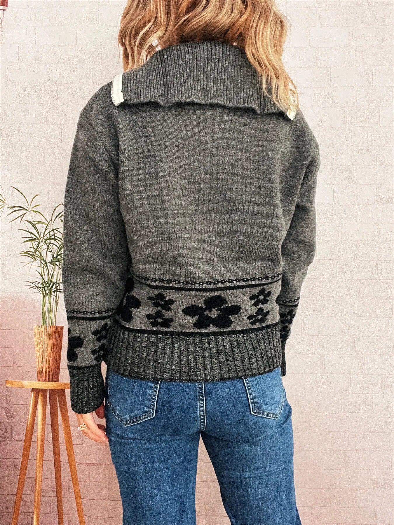 Flower Zip Collar Long Sleeve Sweater