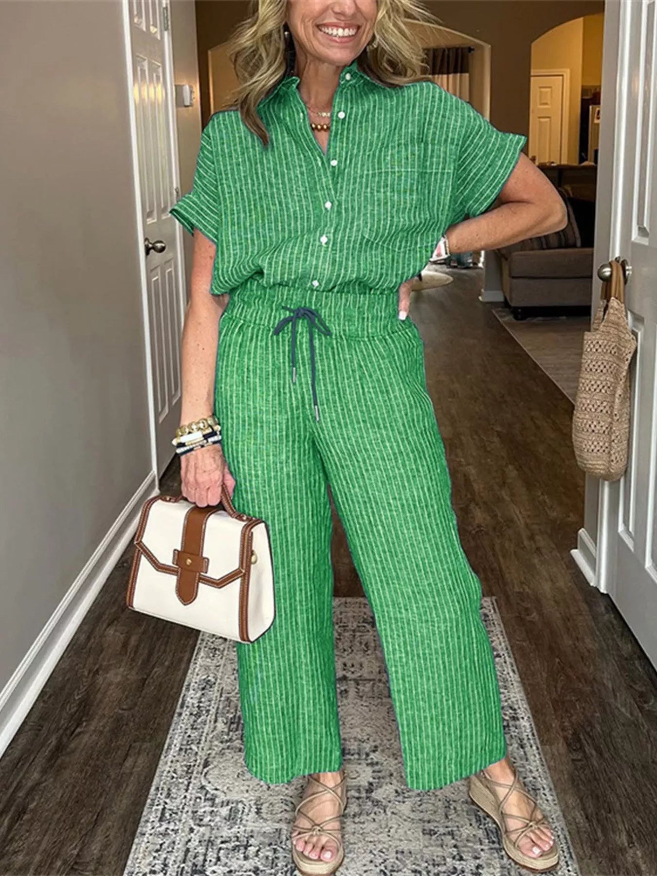 Full Size Striped Button-Up Shirt and Wide Leg Pants Casual Set Plus Size Trendsi