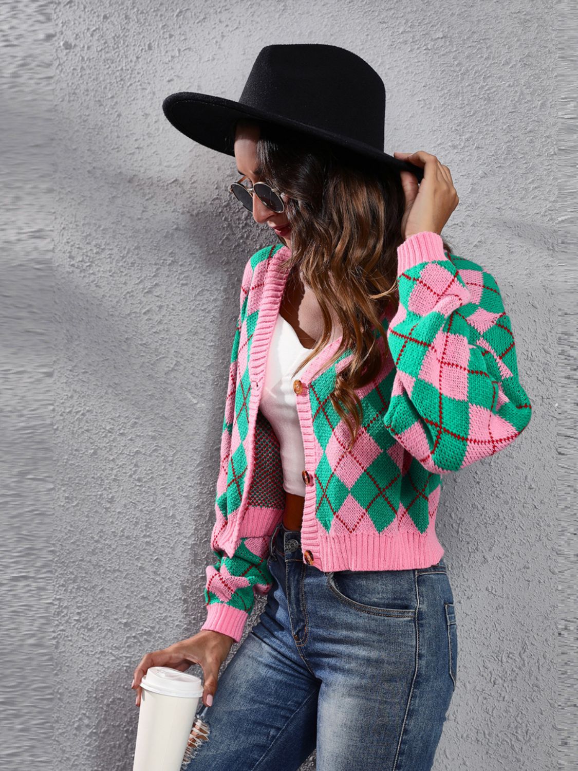 Geometric Button Up Long Sleeve Cardigan nicholesgifts