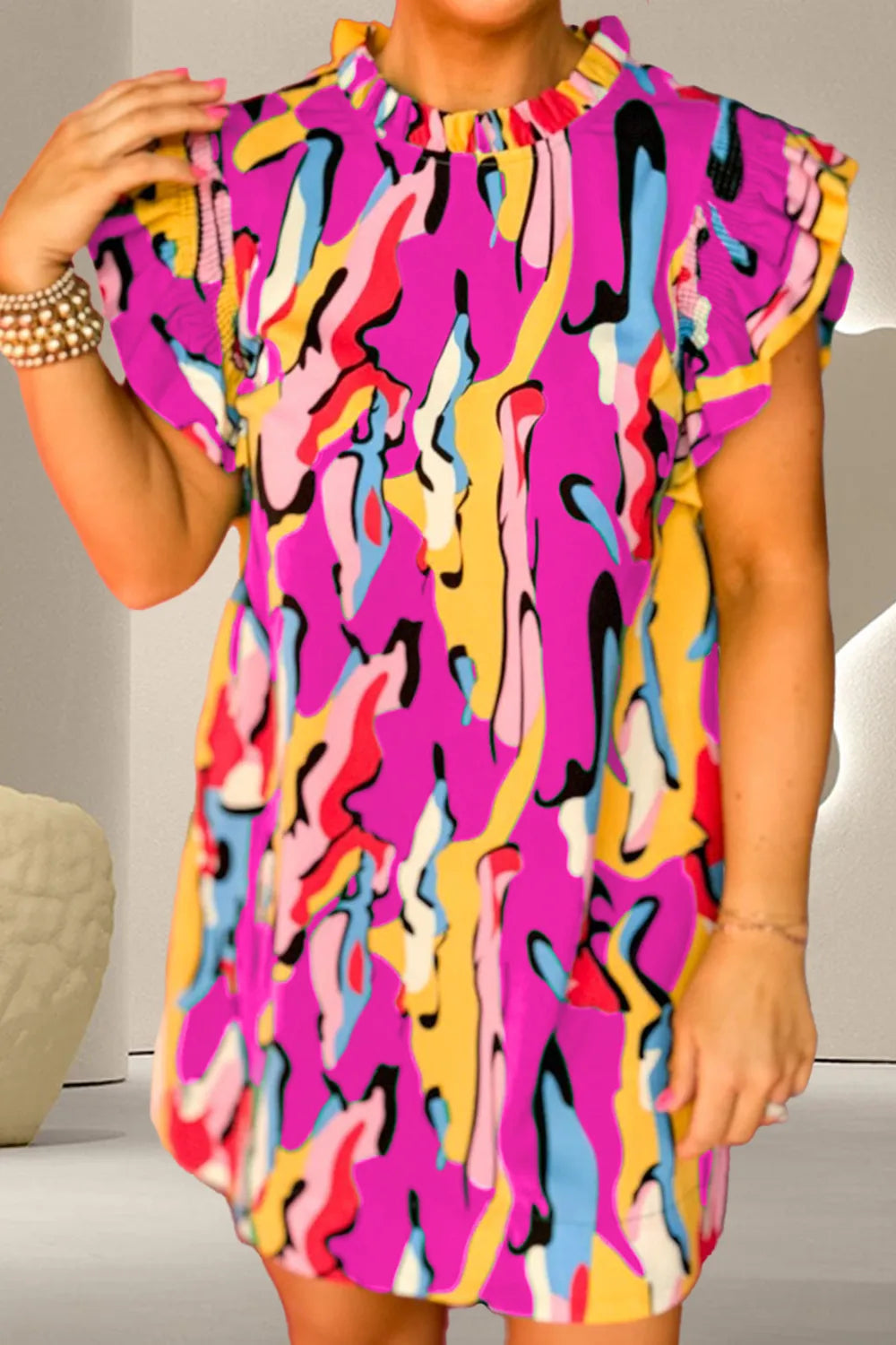 Ruffled Printed Cap Sleeve Mini Dress Trendsi