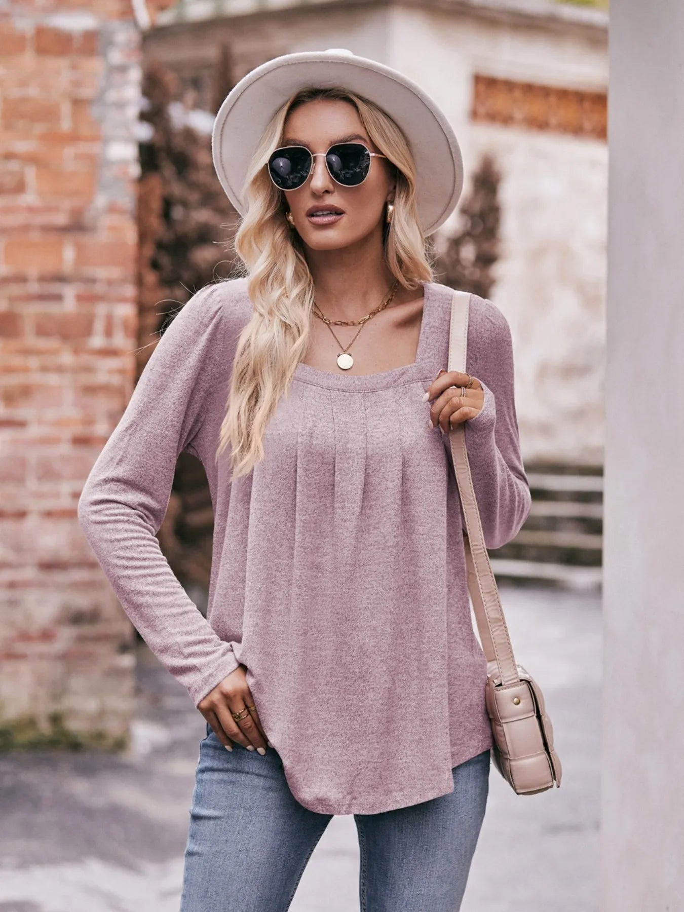 Square Neck Long Sleeve T-Shirt Trendsi