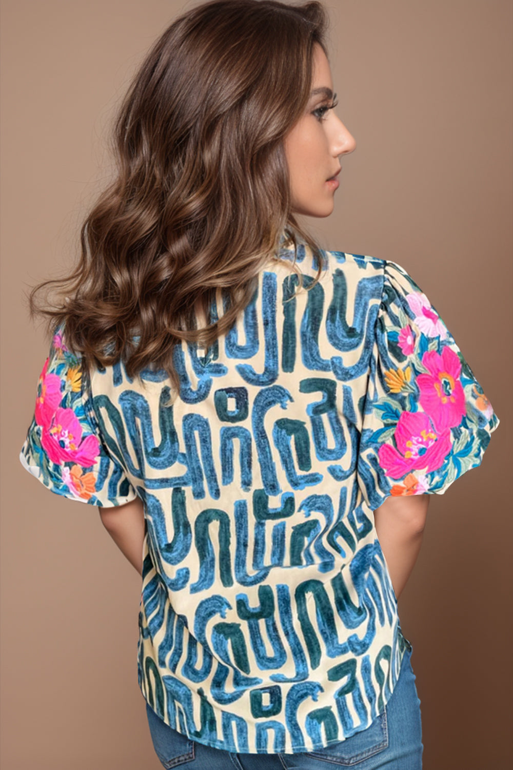 Plus Size Printed Mock Neck Short Sleeve Blouse nicholesgifts