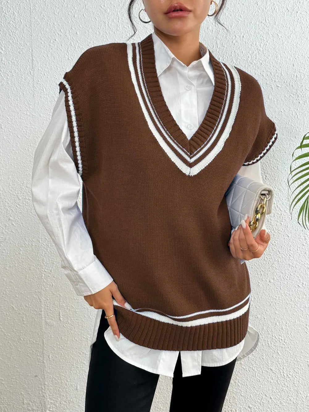 Contrast Trim V-Neck Sweater Vest nicholesgifts