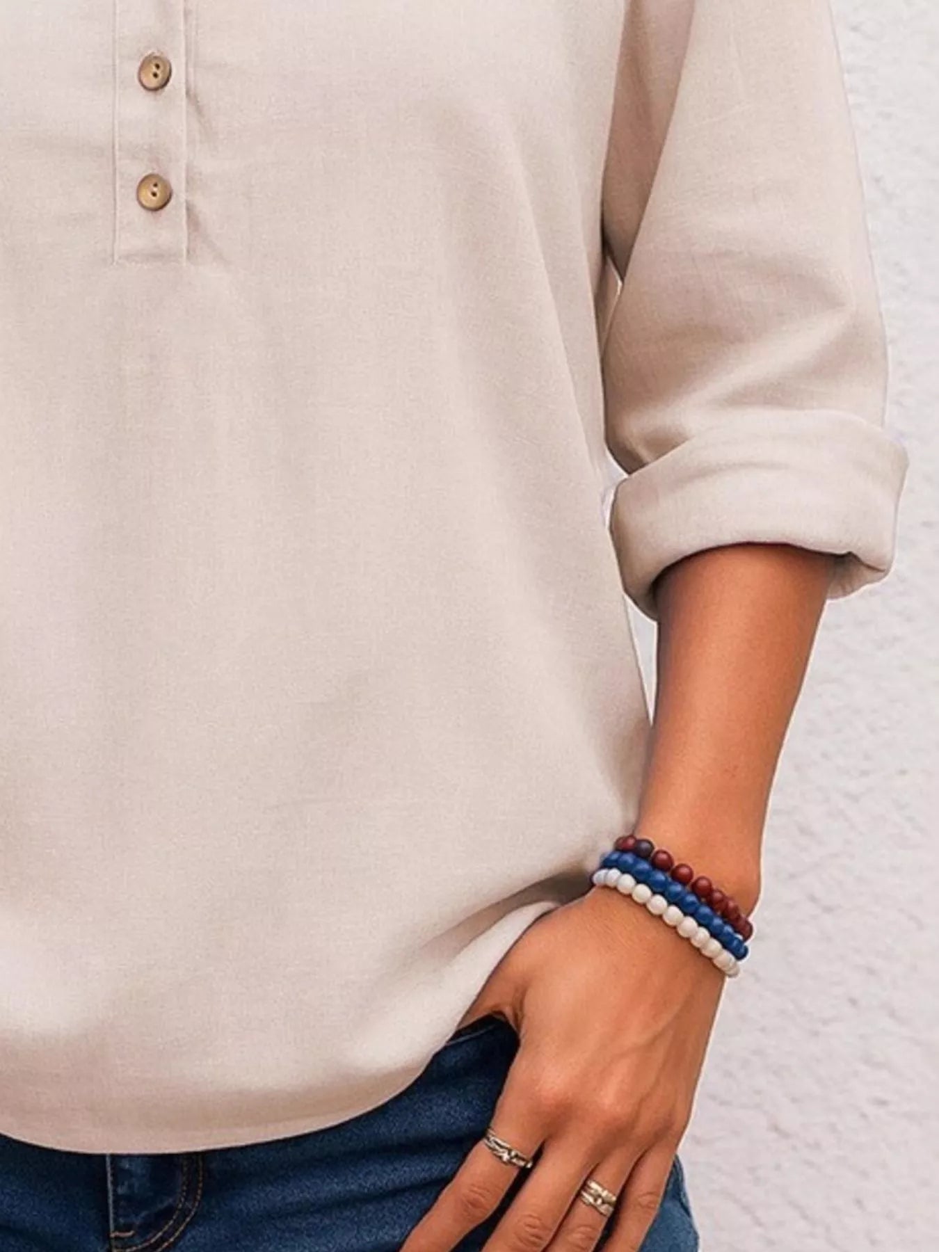 Full Size Button Detail Notched Long Sleeve Blouse Plus Size Trendsi