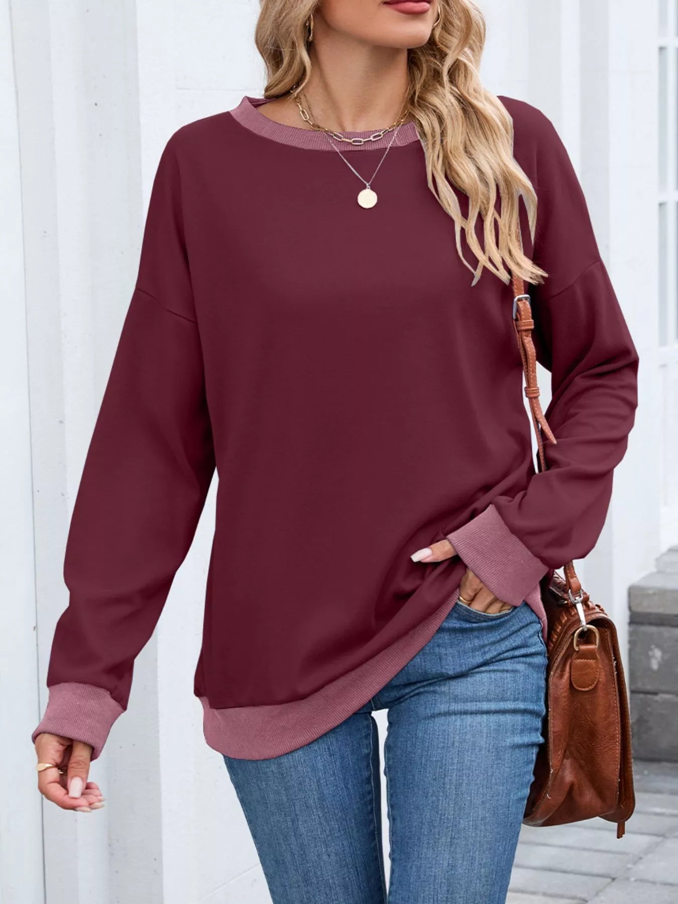 Contrast Trim Long Sleeve Sweatshirt Trendsi