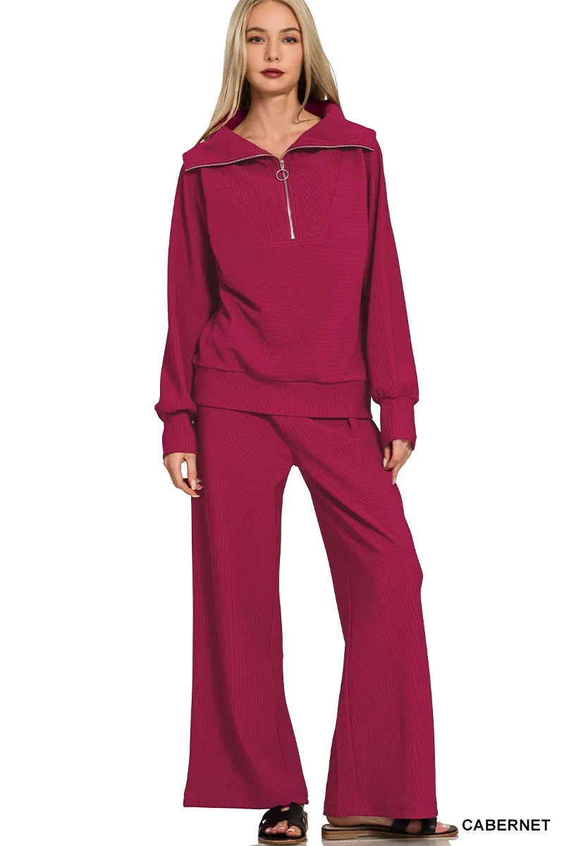 Zenana Ribbed High Neck Half Zip Pullover & Pants Set Trendsi