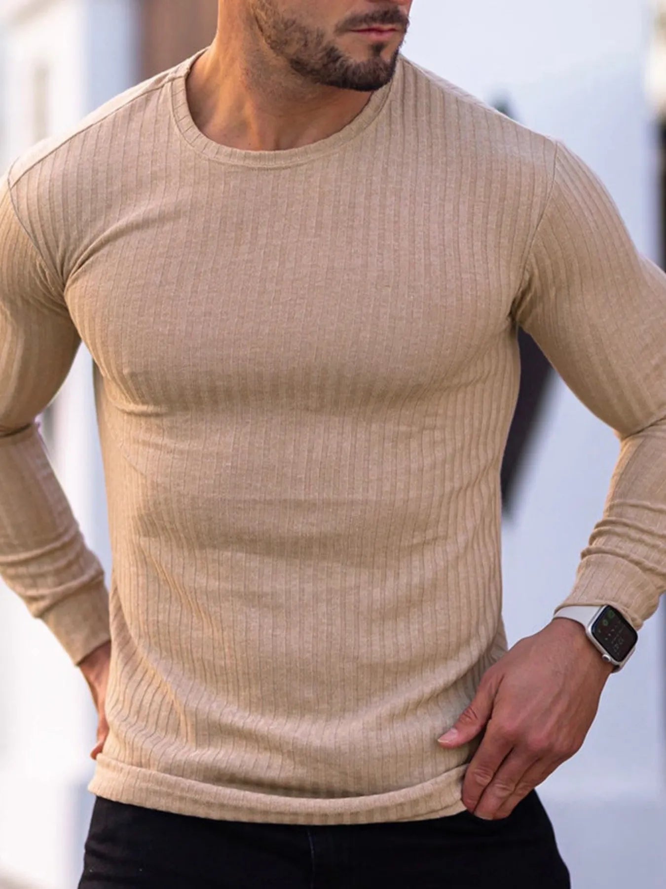 Men's Ribbed Round Neck Long Sleeve T-Shirt Trendsi