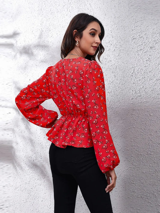 Floral V-Neck Balloon Sleeve Peplum Blouse nicholesgifts