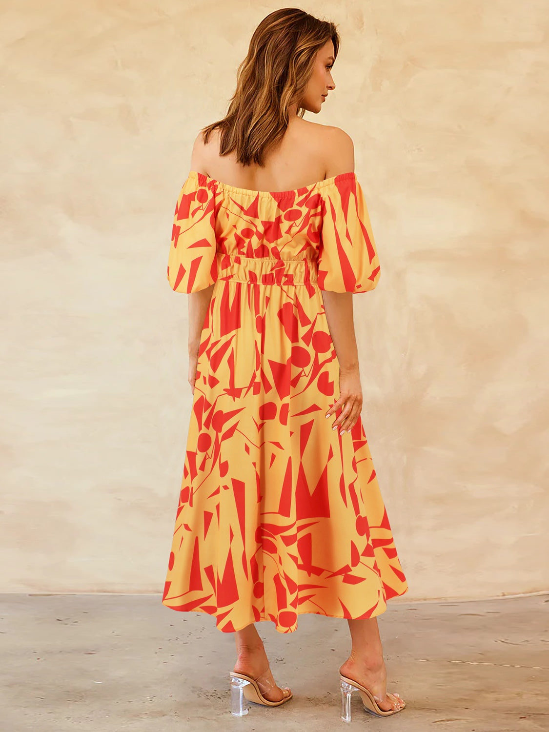 Printed Off-Shoulder Balloon Sleeve Dress nicholesgifts