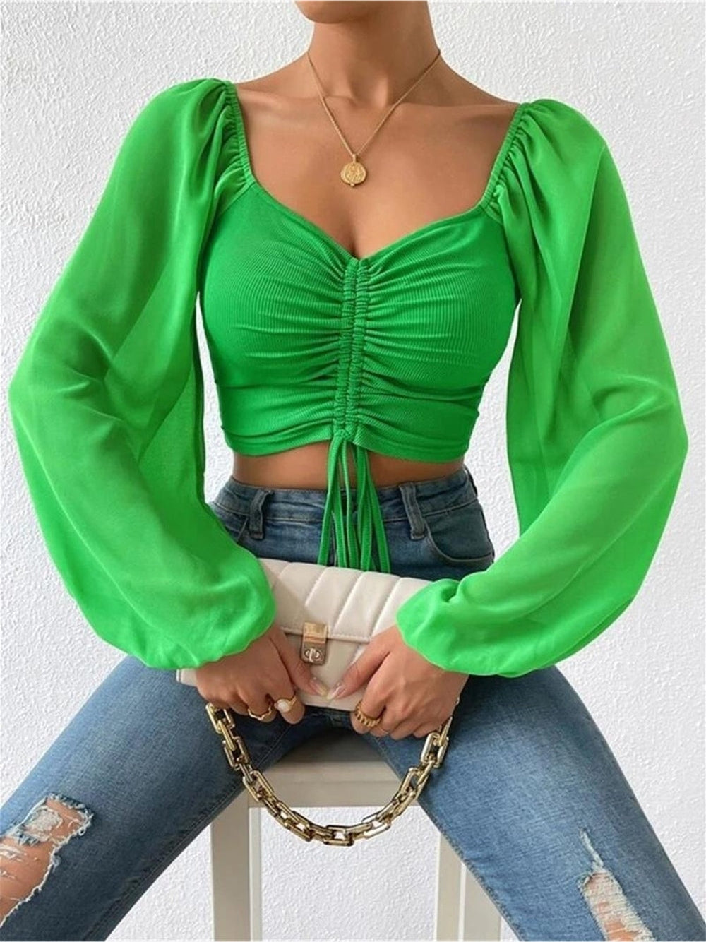 Women Drawstring Sweetheart Neck Cropped Top nicholesgifts