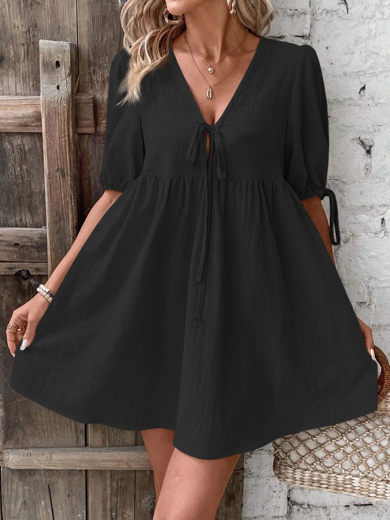 V-Neck Tie-Front Mini Dress with Puff Sleeves NicholesGifts
